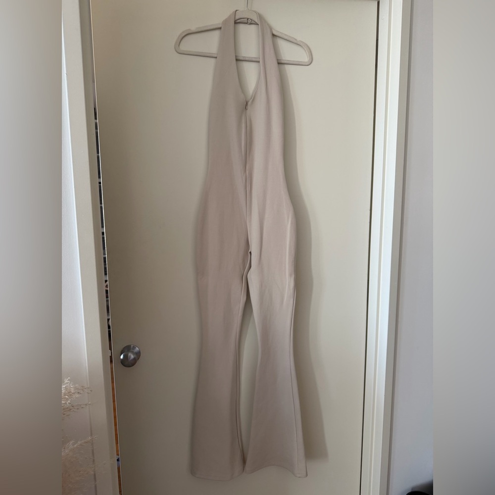 Zara Halter-Neck Flared Jumpsuit in Light Beige